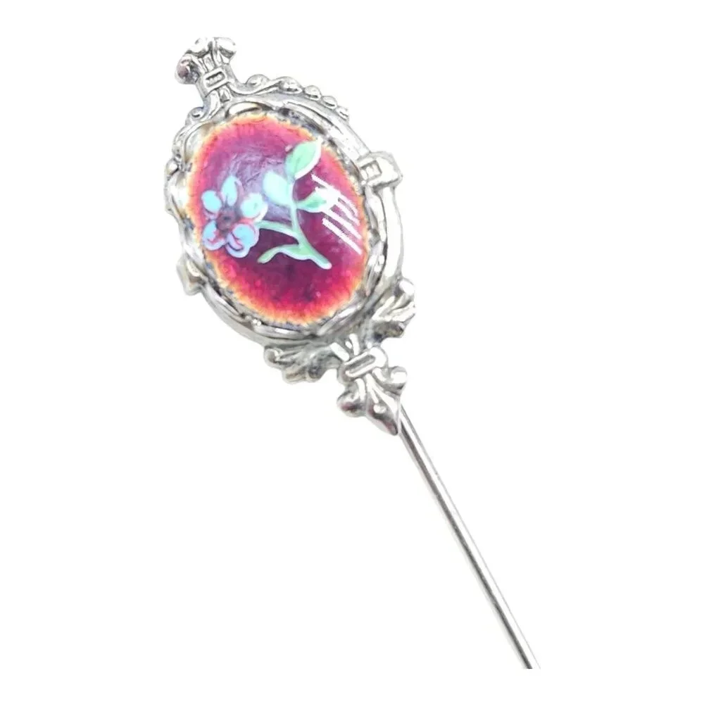 Flower Ceramic Porcelain Lapel Stick Hat Pin Hand Painted Gold Tone Vintage